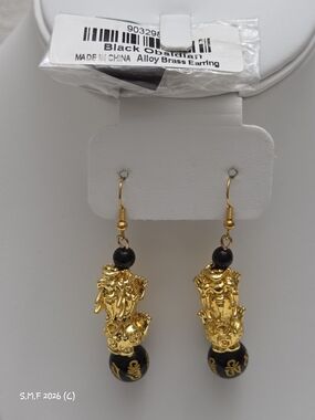 Black Obsidian Carved Beaded Pi Xiu Earrings in Gold Tone